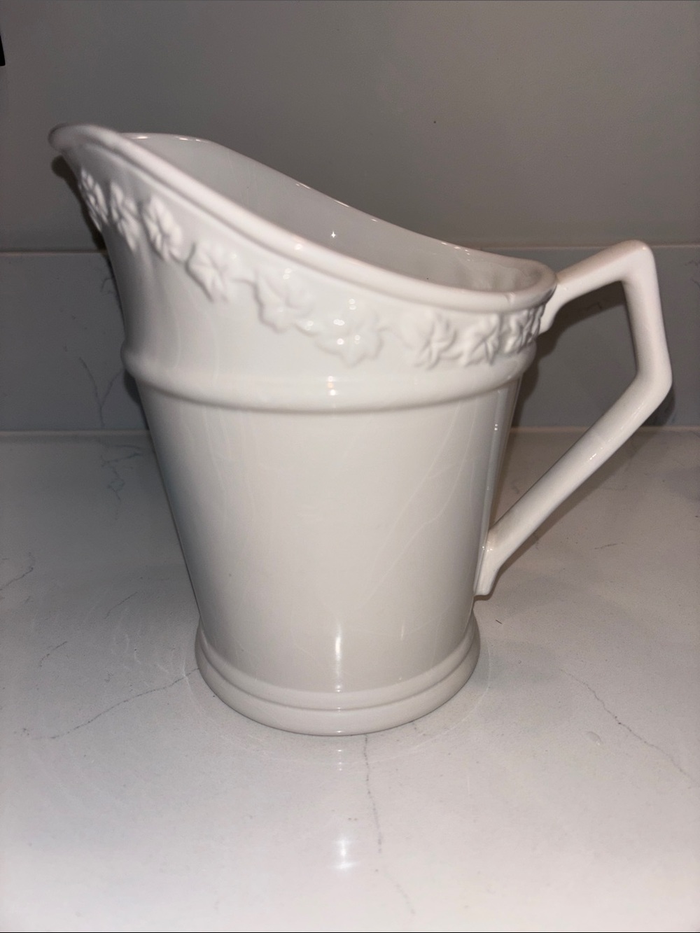 Ivory Ceramic Pitcher with Raised Ivy Border